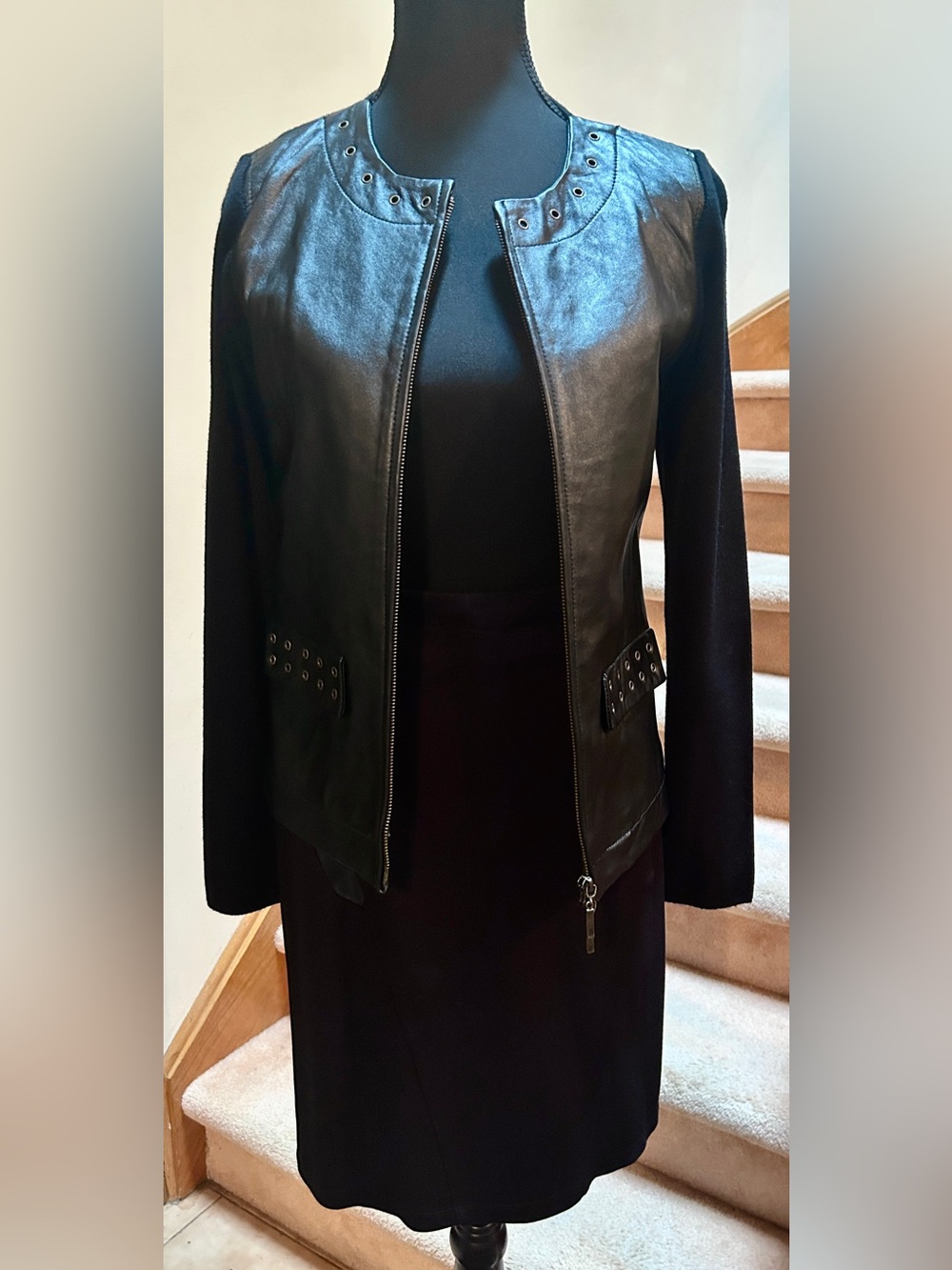 Women’s Black Faux Leather Front Jacket with Grommet/Stud Detail, 1990s Vintage